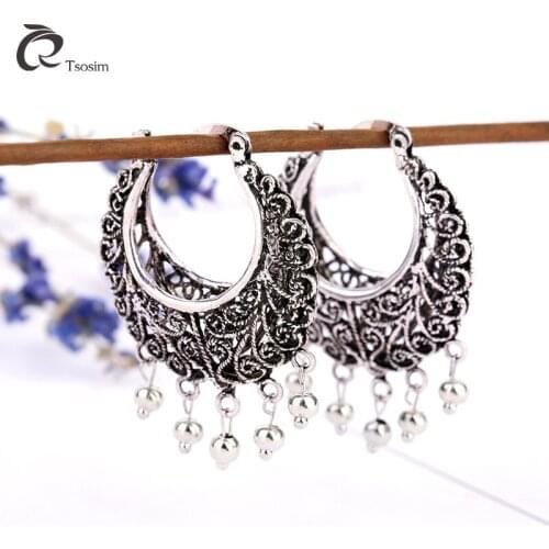 Vintage Silver Plated Flower Earrings Pendant Jewelry Carving Hollow Out Female Ethnic Jewelry Punk Earrings Jewelry Earrings