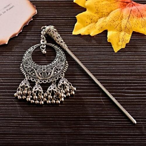 Boho Vintage Indian Hair Pins For Women Ethnic Sliver Color Big Bells Tassel Flower Carved Pendant Hair Sticks Hair Jewelry 2019