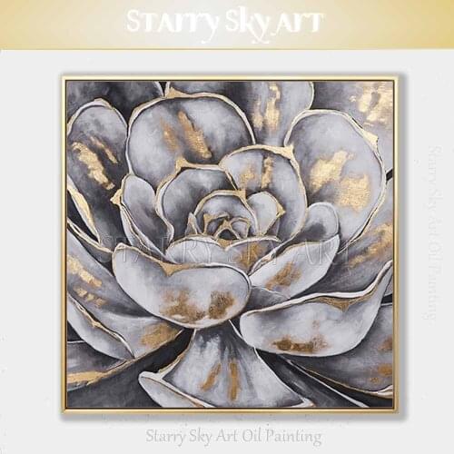 Factory Price Hand-painted High Quality Gray Flower with Gold Foil Oil Painting on Canvas Beautiful Gray Flower Acrylic Painting