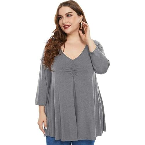 2021 Spring Autumn Women V Neck Three Quarter Sleeve Solid Casual Blouse Loose Oversized Long Tops 5XL Plus Size Women Clothing