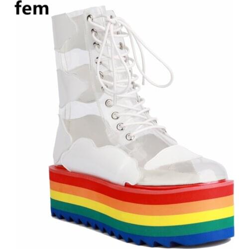 Flats Shoes Women Summer Rainbow Ankle Boots Low Heels Flats Platform Shoes Female Botas Plataforma Feminino Bigsize Shoes Round