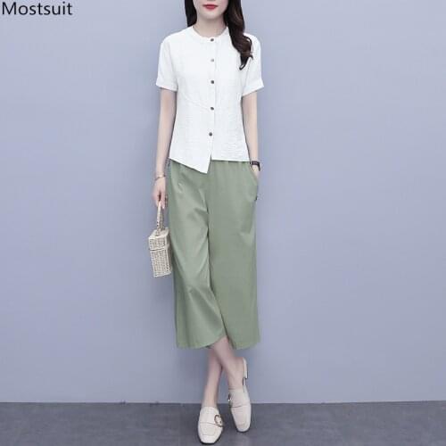 Summer Casual Plus Size Cotton Linen 2 Piece Set For Women Fashion Short Sleeve Buttons Pullover Top + Wide Leg Pants Outfits