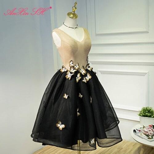 AXJFU princess Black Butterfly short Evening dress fashion v neck hostess short sleeveless evening dress little black dress