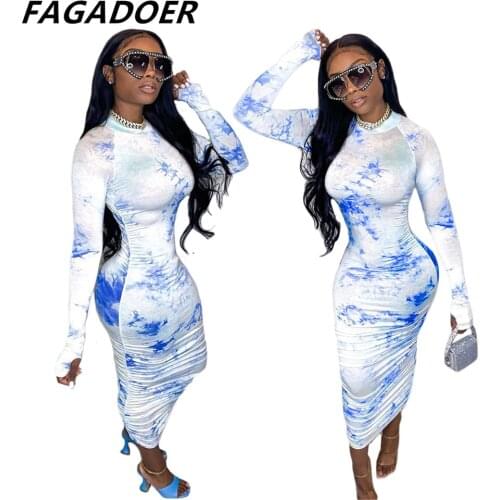 Fadadoer Tie Dye Bodycon Dress Women Long Sleeve Skinny Ruched Dresses 2021 Sexy Club Party Vestidos Blue White