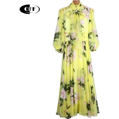 Spring Summer Holiday Beach Woman Long Dress Elegant Yellow Floral Printed Bow Long Sleeve Bohemia Vacation Dresses Clothes Robe