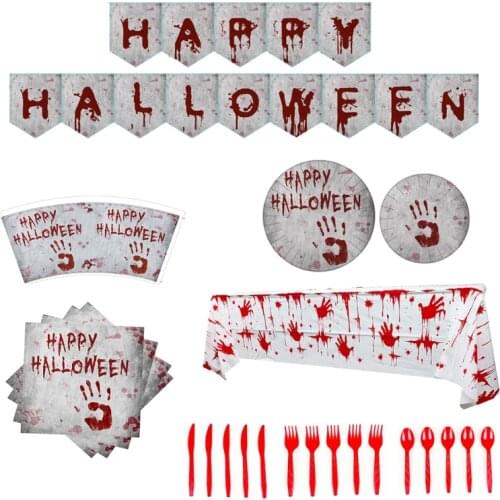 24 Guest Halloween Disposable Dinnerware Set Bloody Hand Print Plates Napkins Cups Tableware Scary Theme Party Supplies