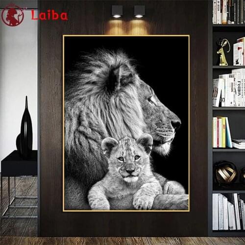 Diamond Mosaic Black and white animal art lion parent-child Picture Diamond Painting Cross Stitch Embroidery Needlework Wall Art