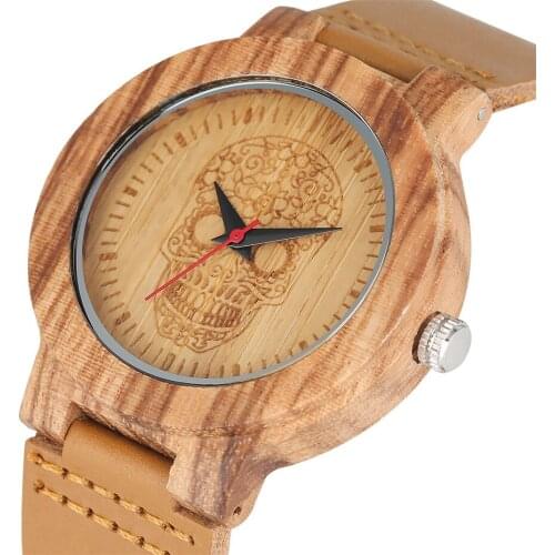 Unique Engraved Flowers Skull Head Quartz Wood Watches Steampunk Mens Watches Genuine Leather Wristwatch Cool Man Wooden Clock