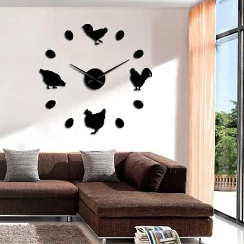 Farm Chicken And Fresh Farm Eggs DIY Mirror Stickers Large Silent Wall Clock Farmhouse Rustic Wall Decor Kitchen Frameless Watch
