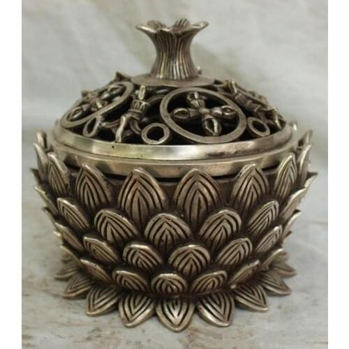 Exquisite Chinese Classical Handwork Tibetan Silver Lotus Incense Burner Censer