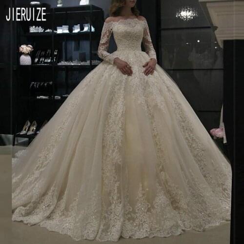 JIERUIZE Gorgeous Ivory Ball Gown Wedding Dresses Off the Shoulder Long Sleeves Button Back Lace Wedding Gowns vestido de noiva