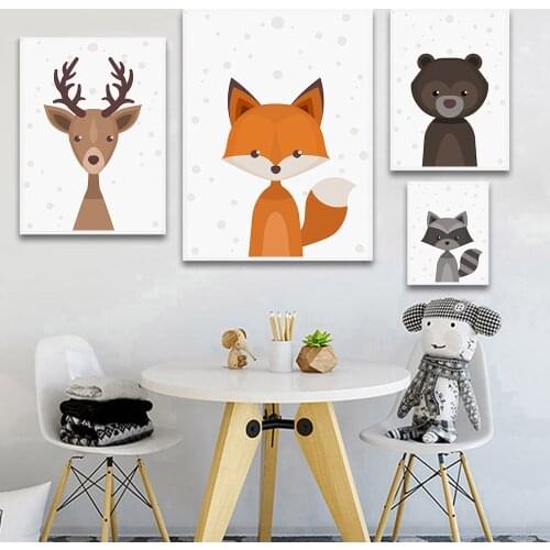 Nordic Art Animal Squirrel Deer Bear Poster Minimalist Canvas Painting Nursery Picture Print Children Room Decoration(No Frame)