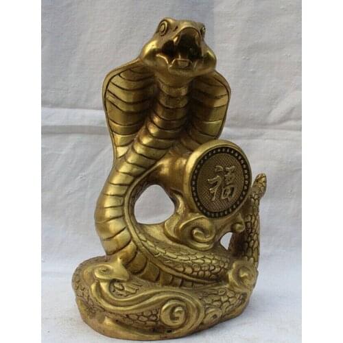 Chinese Old Brass Folk Fengshui Fu Rich Wealth Zodiac Year Eye Snake Animal Statue Wealth Statue
