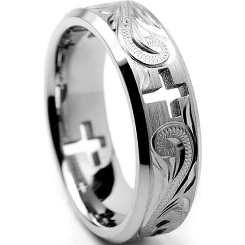Classic Titanium Steel Wedding Band Ring Cross Cut Out Engraved Floral Design Men Womens Fashion Ring Engagement Jewelry Gifts