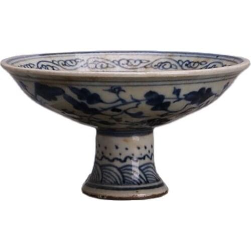 Collection of Beijing used Ming Dynasty blue and white crane high foot fruit plate porcelain