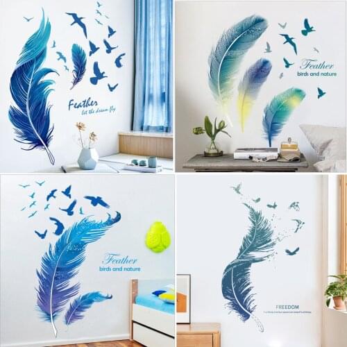 Creative Blue Feather,Birds Wall Stickers Decal Self Adhesive Wallpaper Art Posters Bedroom Headboard Decor Furniture Decoration