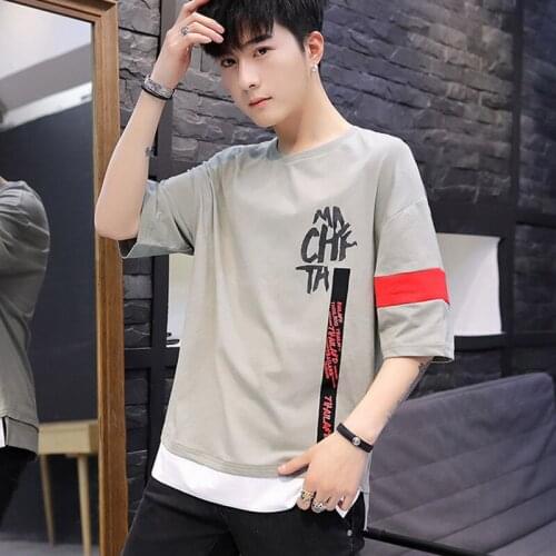Short-sleeved summer hip-hop mens short-sleeved T-shirt trend loose five-quarter sleeves youth students mens clothing