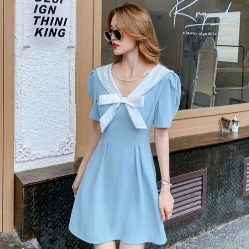 Summer French Sweet Women Short Sleeve Temperament Slim Waist Mini Dresses Korean Fashion Office Ladies Solid Sundress Vestidos