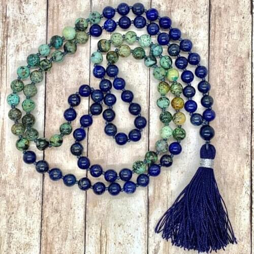 Find Your Truth 108 Prayer Beads Yoga Jewelry Meditation Stone Natural lapis and African T-urquoise Japamala Tassel Necklace