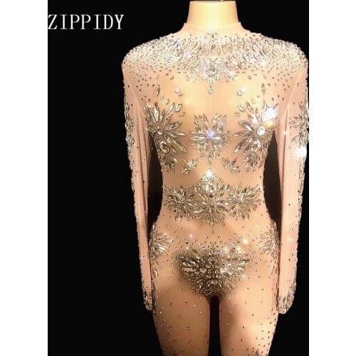 Fashion Sparkly Crystals Stones Jumpsuit Mesh Costume Women stage Dance See Through Bodysuit Sexy Nightclub Show Wear YOUDU