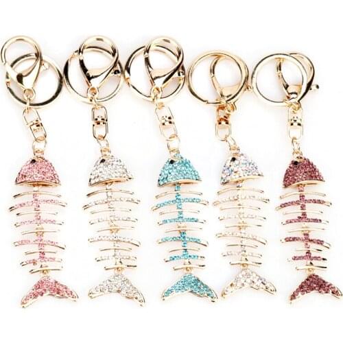 Fashion Trinket Alloy Rhinestones Fish Bone Keychain Delicate Key Ring Purse Jewelry Keyholder Women Key Chain Buckle llaveros