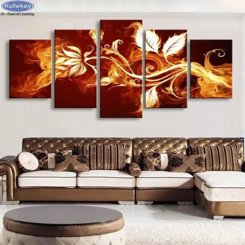 5pcs/set DIY Diamond Painting Cross Stitch Kit Diamond Embroidery Fire Flowers Full Square Diamond Mosaic rhinestone Needlework