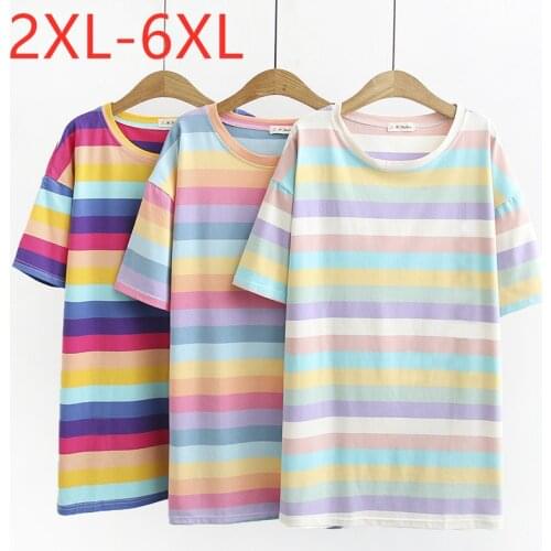New 2021 summer plus size tops for women large loose short sleeve cotton rainbow stripe O neck long T-shirt pink 3XL 4XL 5XL 6XL