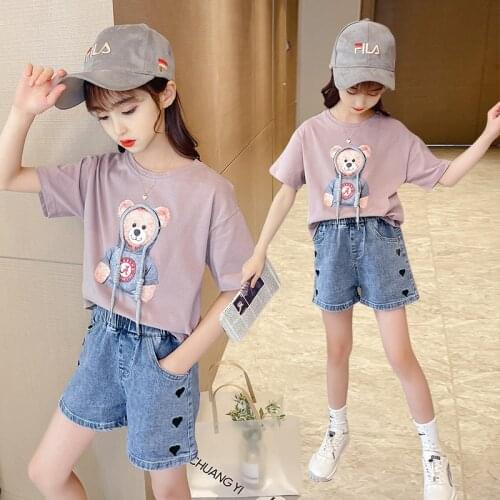 New Kids Girls Clothes Set Summer Girl Bear pattern T-shirt + Denim shorts 2pcs Girl Outfits Baby Girls Clothing 4 5 710 12 year