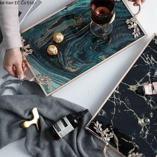 Nordic Light Luxury Marble Glass Fruit Plate Household Makeup Tools Jewelry Storage Small Objects Tray Cake Dessert Storage Tray