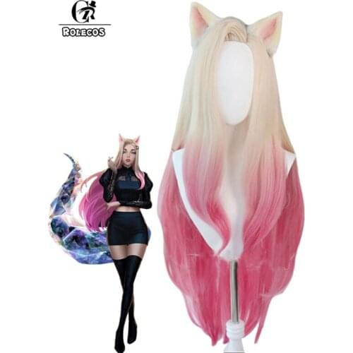 ROLECOS LOL KDA Ahri Cosplay Wig LOL KDA The Baddest Ahri Cosplay Long Wig Blonde Mixed Pink Headwear Women Synthetic Hair