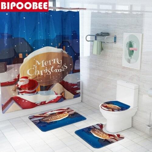 Merry Christmas Shower Curtains Santa Claus Bathroom Curtain Set Cartoon Print Pedestal Non-slip Carpet Toilet Lid Cover Mats
