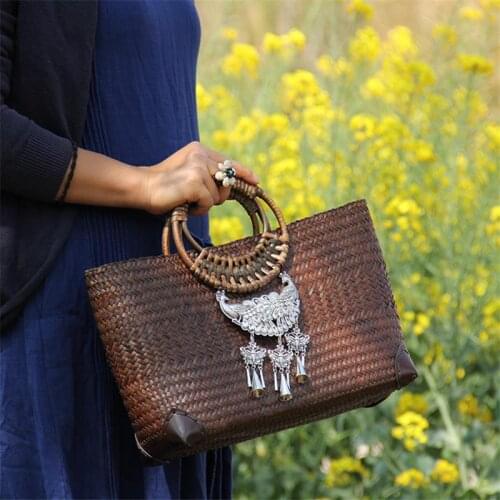 36x20CM Thailand Straw Bag Rattan Original Chinese Characteristics Handmade Old Straw Bag Rattan Retro Bag New a6107
