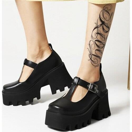 PXELENA Drop Ship Gothic T Tied Shoes Women Plus Size 34-43 Punk Rock Street Cosplay Chunky Platform Thick Sole Pumps High Heels