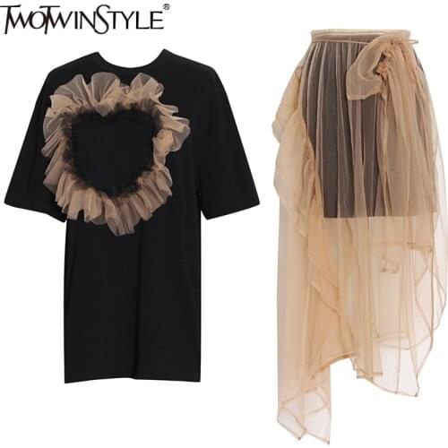 TWOTWINSTYLE Casual Two Piece Set Womens Round Collar Short Sleeve T Shirts High Waist Mini Skirts Patchwork Mesh Suits Females