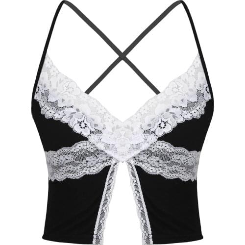 Women Lace Tank Crop Tops Seamless Underwear Top Female Crisscross Back Spaghetti Strap Camisole V Neck Sexy Lingerie Clubwear