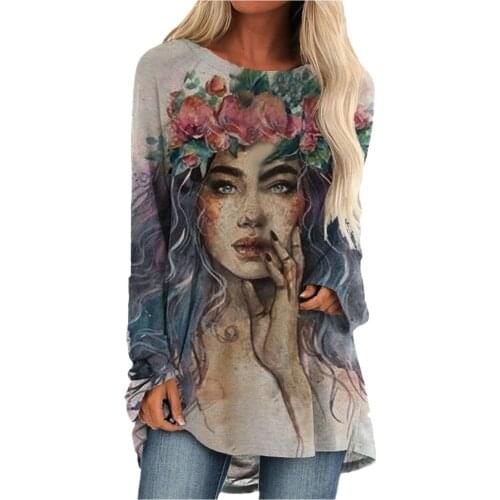 Women Long Sleeve Loose T-shirt Top O-neck Vintage Patchwork Beautiful Womens Face Printing Shirt All-match Girls T-shirt