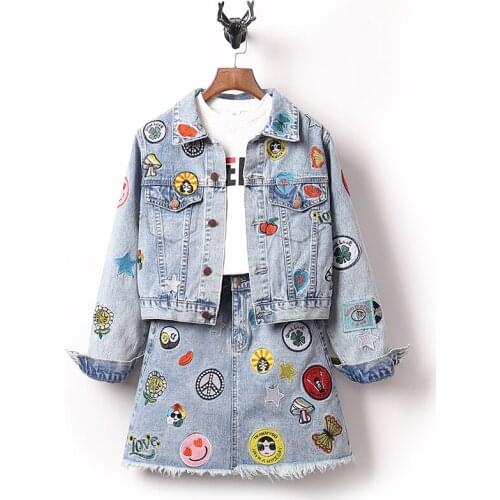 Luxury Quality Embroidery Denim Two Piece Set Plus Size Women 2020 Spring Appliques Short Jacket Coat And Tassel Skirt Suits