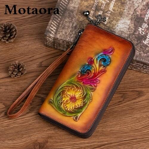 MOTAORA Head Layer Cowhide Women Wallet Hand Painted Embossed Purse For Women Genuine Leather Luxury Clutch Retro ID Card Holder