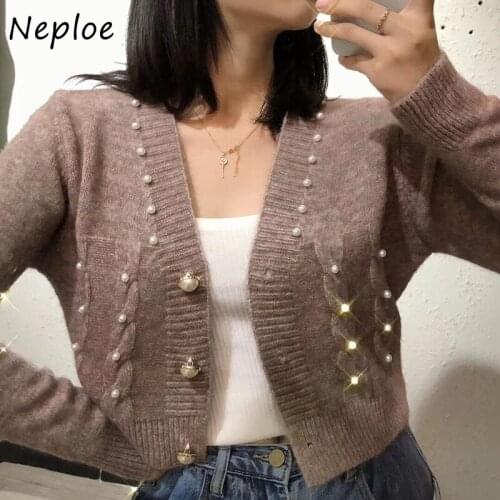 Neploe Beaded Womens Sweater Jacket Autumn/winter 2021 New Solid Color V-neck Sweters for Women Wist Short Knitted Cardigan