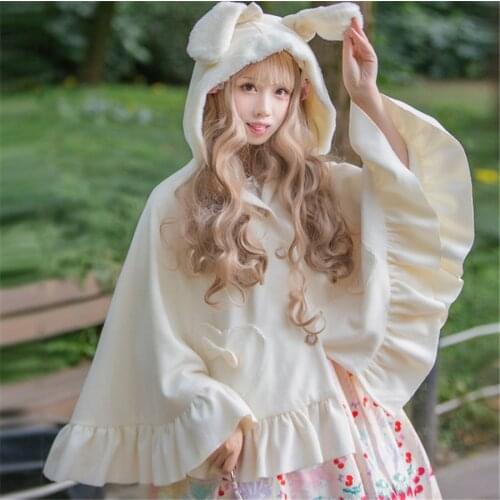 Ladies Tweed Gothic Shawl Cloak Hooded Cape Lolita Girl Bunny Poncho Coat Autumn Winter Outwear For Women D526