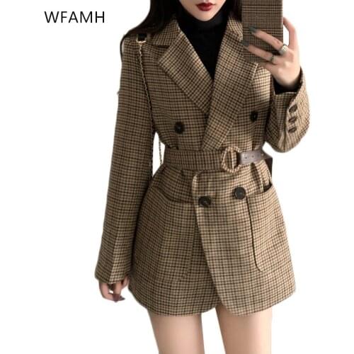 New 2020 Spring Autumn Womens Sashes Jackets Notched Outerwear England Style OL Vintage Plaid Blazer Woolen Coat Tops Female