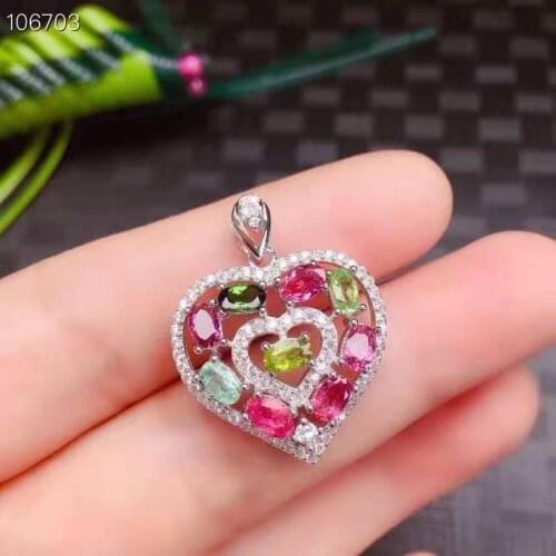 Natural Candy Color Tourmaline Heart Shaped Pendant Necklace Real 925 Sterling Silver Sweet Fine Jewelry For Women MeibaPJFS