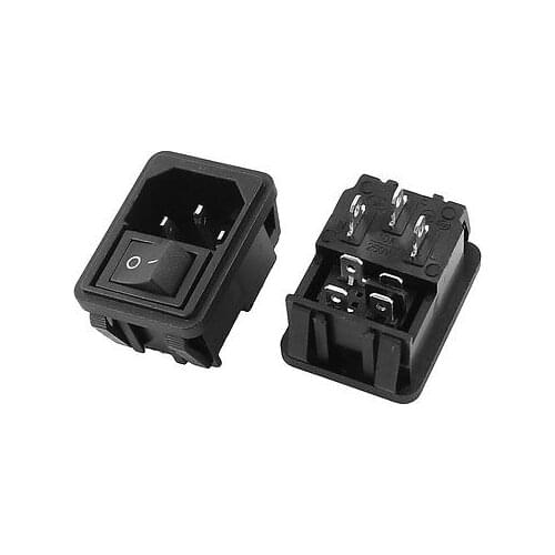 AC 10A 250V 4 Pin Black Button Rocker Switch IEC320 C14 Inlet Power Socket 2 Pcs