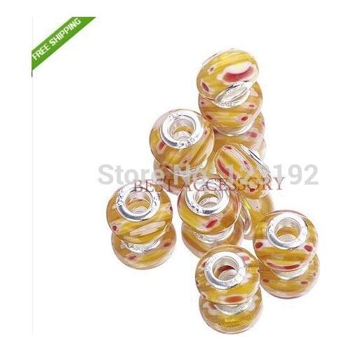 50pcs/lot Gold flower pattern Handmade Millefiori Glass Charms Big Hole Bead Fit Bracelets Beads Dia.:14mm Hole Dia.:5mm
