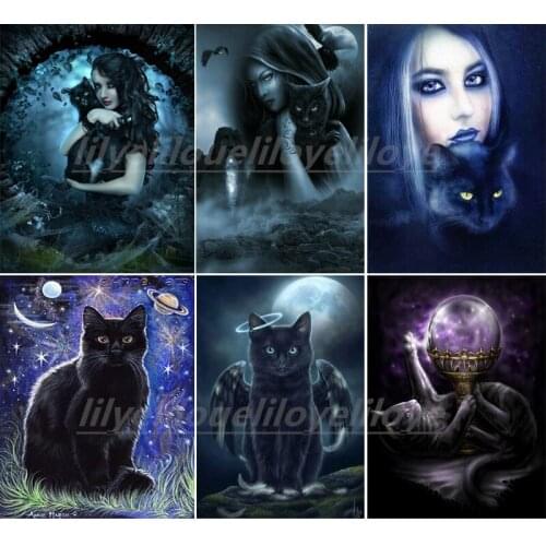 5D DIY Diamond Embroidery Black Cat girl Diamond Painting Animals Picture Mosaic Full Square Cross-Stitch Kits Home Decor FG1354