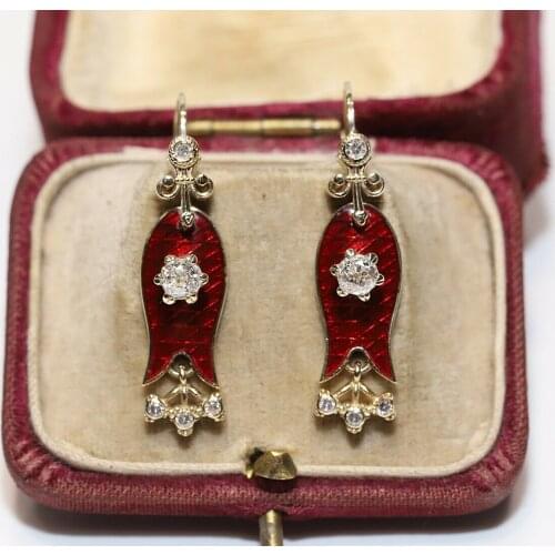 ANTIQUE VICTORIAN STYLE NEW MADE 14K GOLD NATURAL DIAMOND ENAMEL EARRING