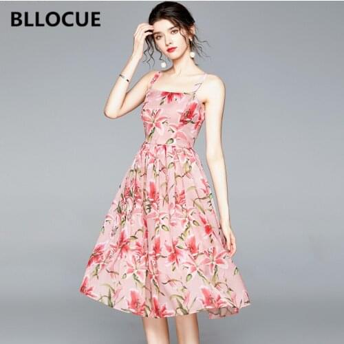 BLLOCUE Sweet pink Floral Sexy Suspender Beach Dress Summer New Womens Backless Floral Print Vintage Pleated Dresses