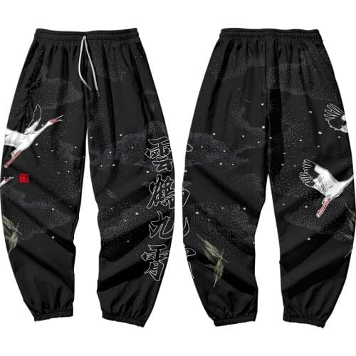 New Summer National Tide Fox Mask Crane Printed Casual Trousers Loose Comfortable Pants Trousers Japanese Kimono Streetwear Men