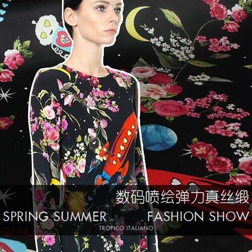 Digital inkjet stretch silk satin fabric smooth light soft shirt dress silk stretch fabric satin wholesale silk cloth