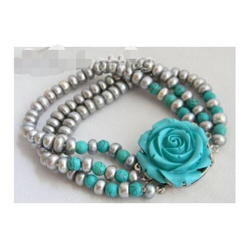 Hot sell Noble- 3Strands 8'' 7.5mm Gray Flat Round Freshwater Pearl natural Bracele